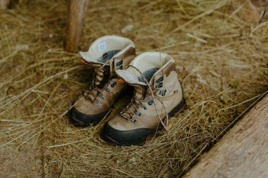 Hiking boots in a barn